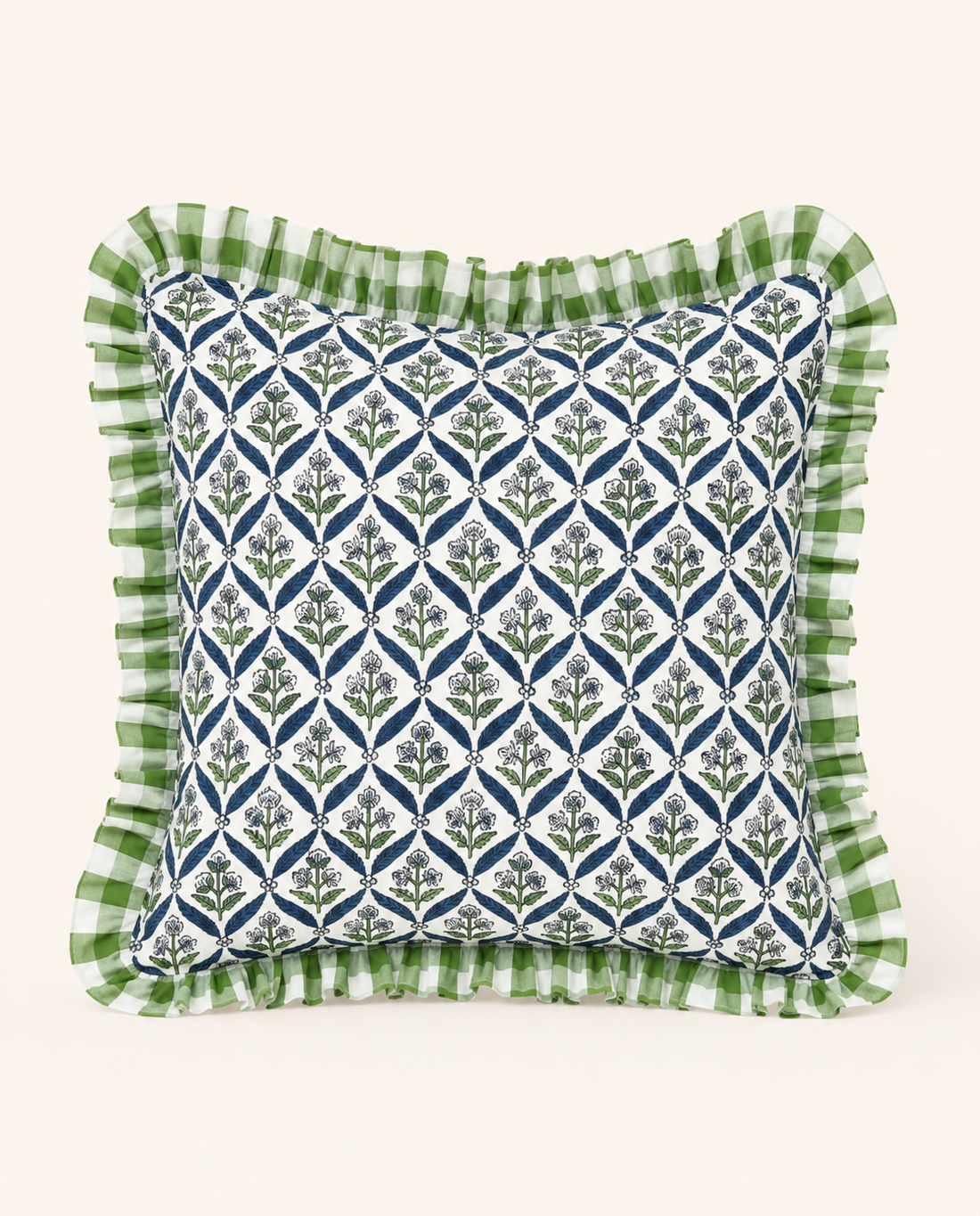 Blue and green floral trellis block print ruffle pillow cover with green check ruffle trim