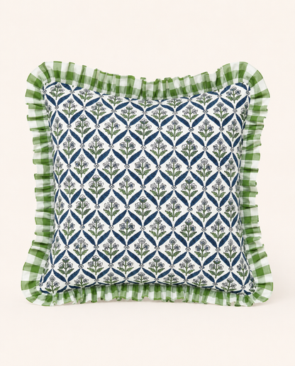 Blue and green floral trellis block print ruffle pillow cover with green check ruffle trim