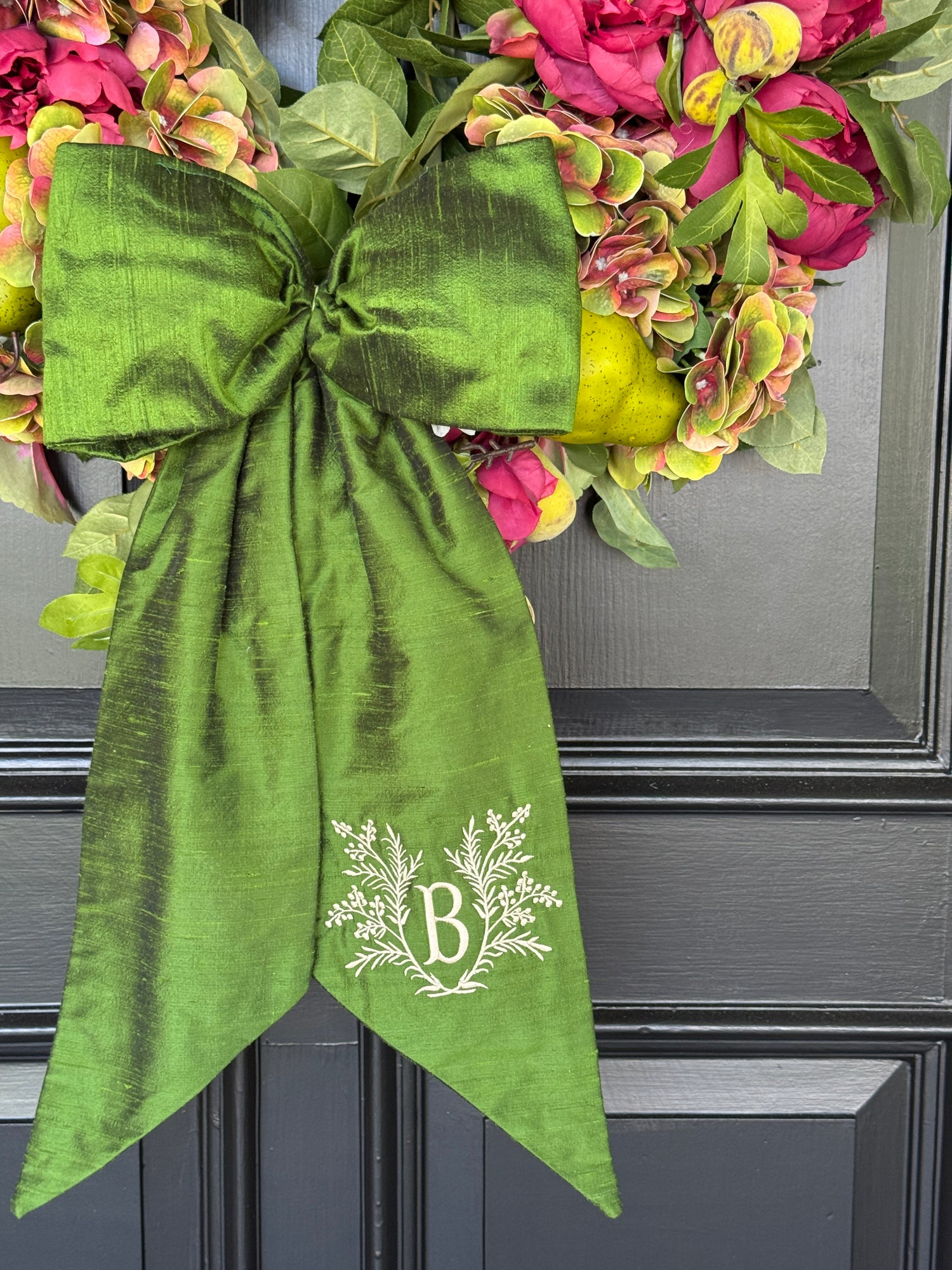 Luxe rich green 100 percent silk wreath sash