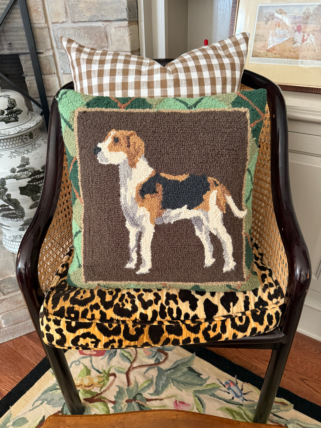 Hand hooked wool foxhound dog pillow