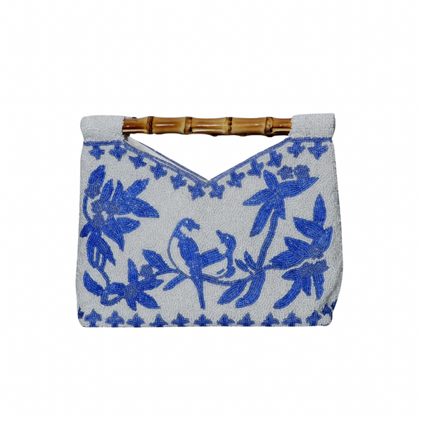 Purple screen printed clutch online purse with white bird