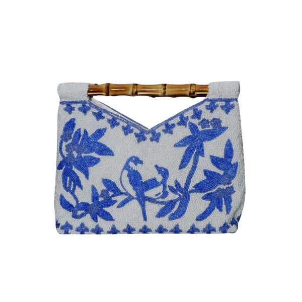 Hand beaded floral and bamboo clutch in blue and white bird pattern p Grace Harris Collection