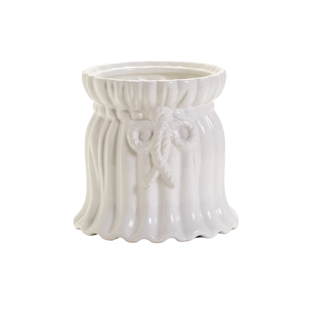 Pleats and bow white ceramic Cachepot