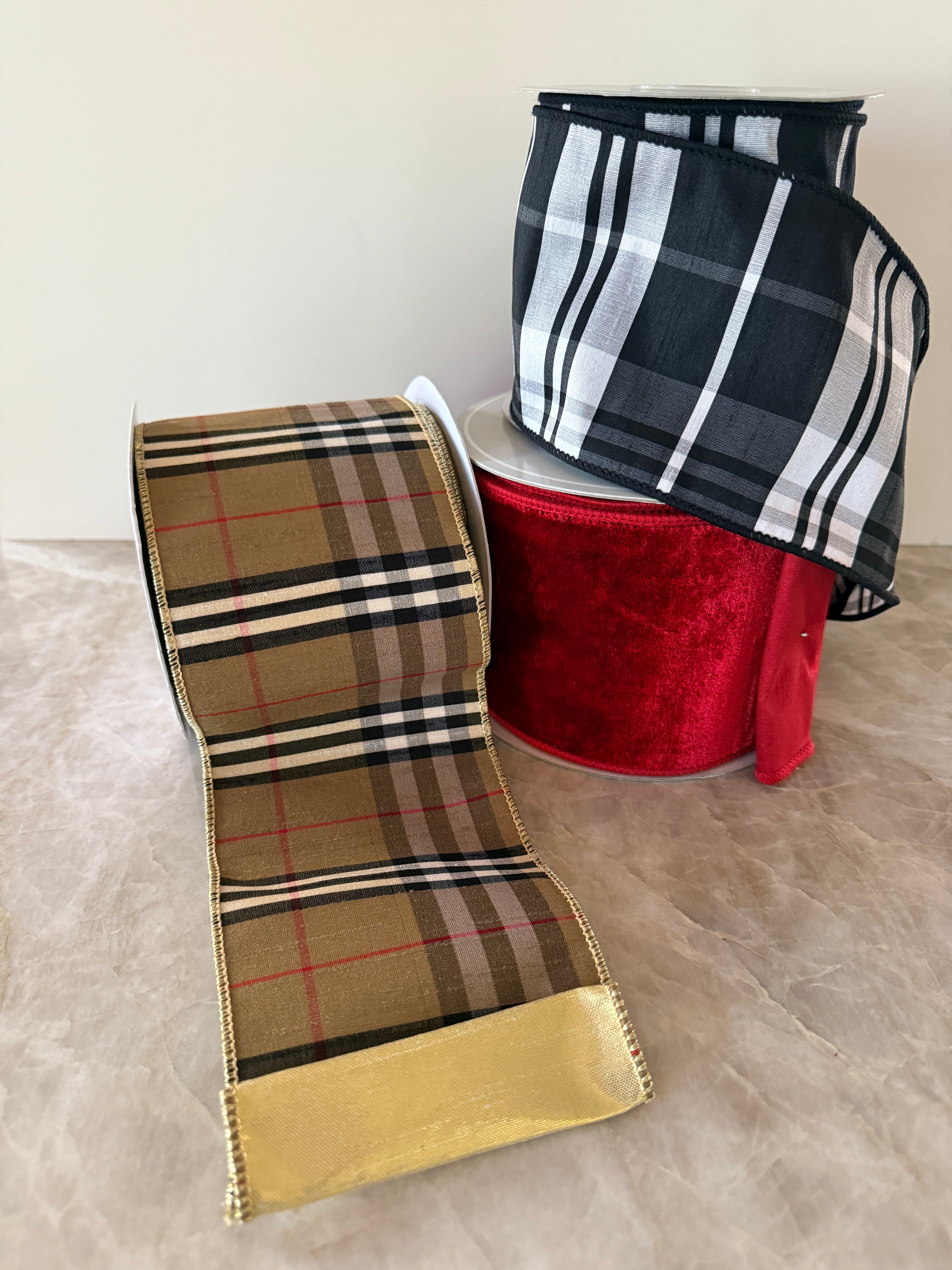 Tan and red tartan plaid ribbon