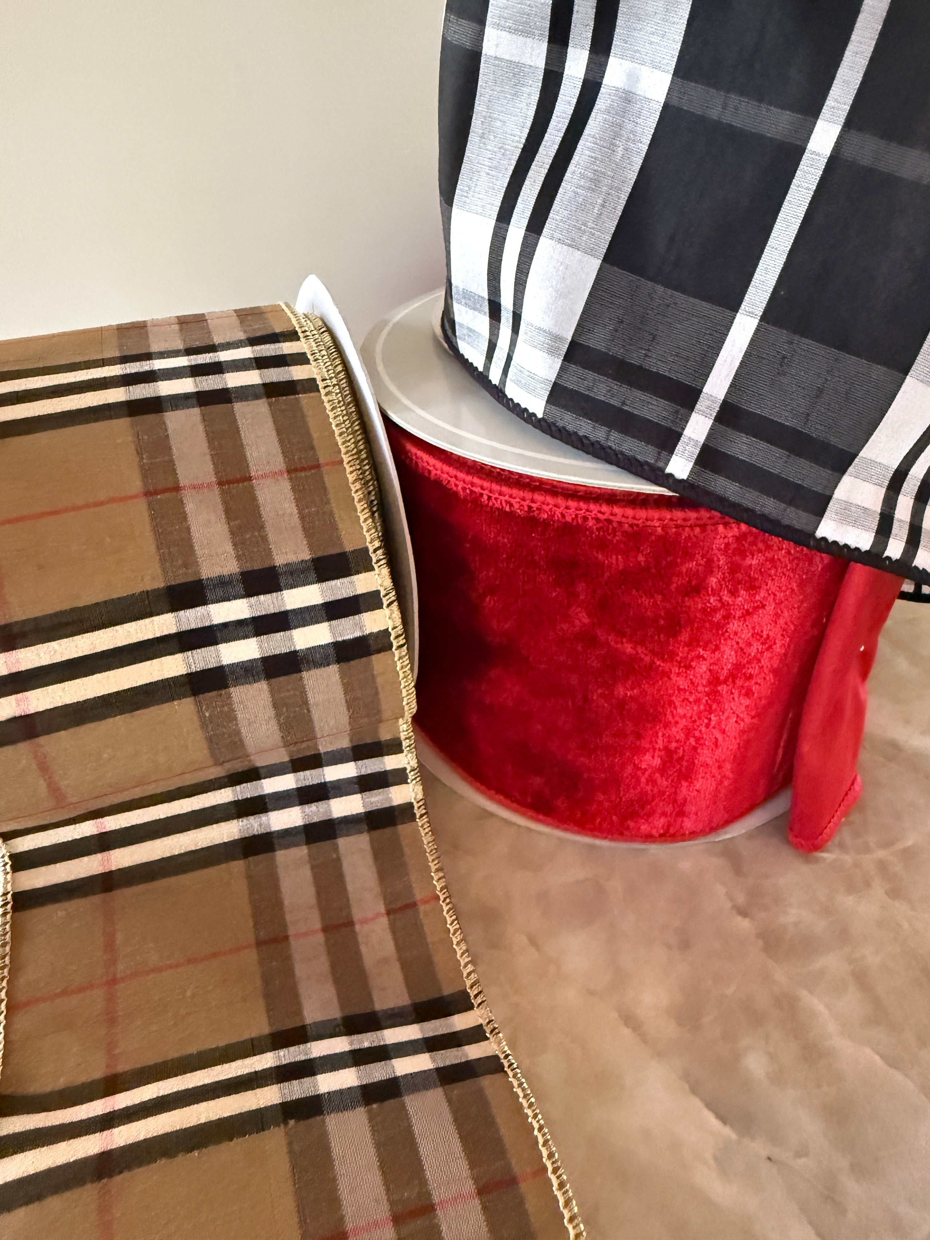 Tan and red tartan plaid ribbon
