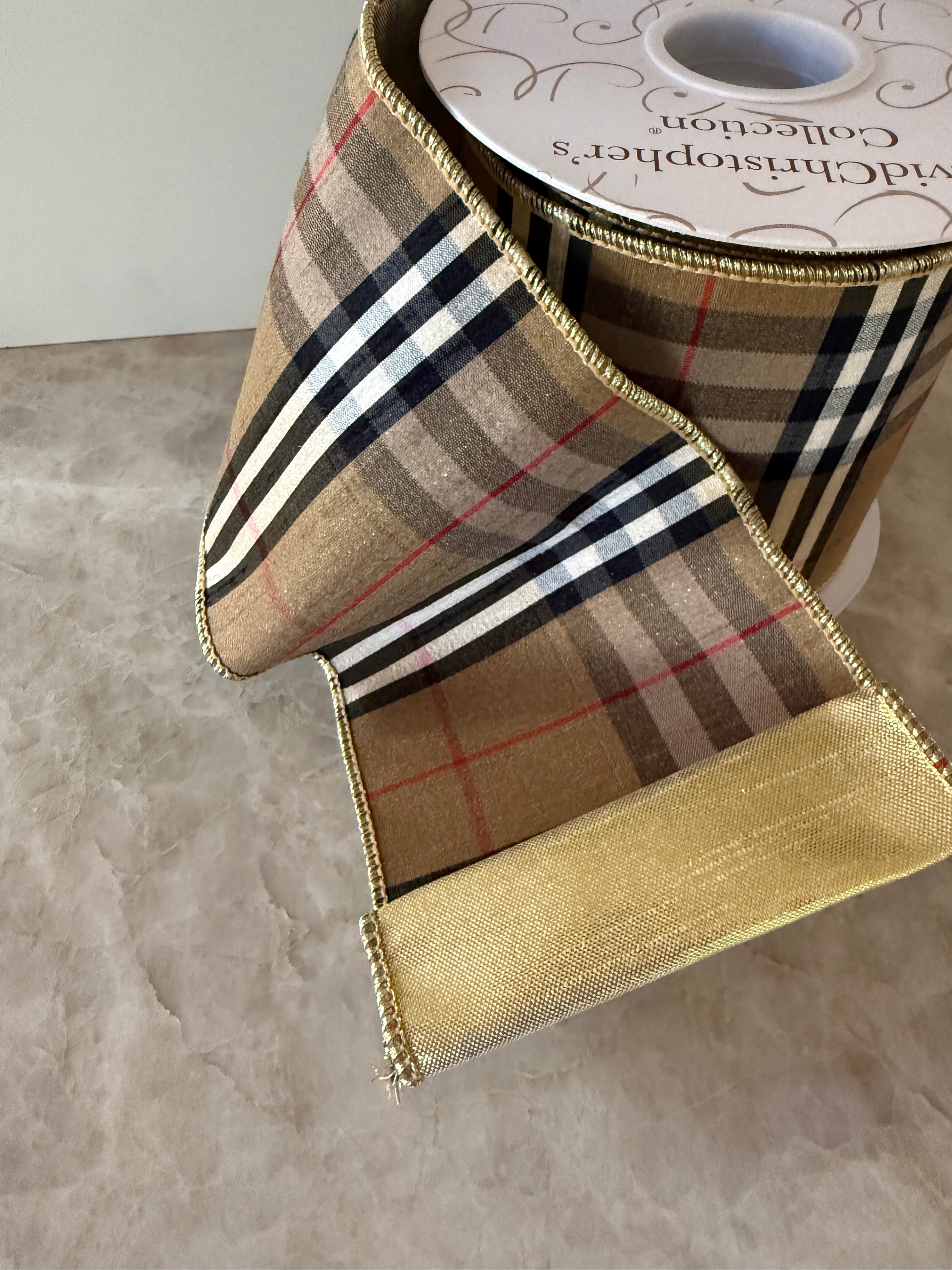 Tan and red tartan plaid ribbon