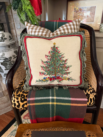 Needlepoint Christmas tree pillow with tassels