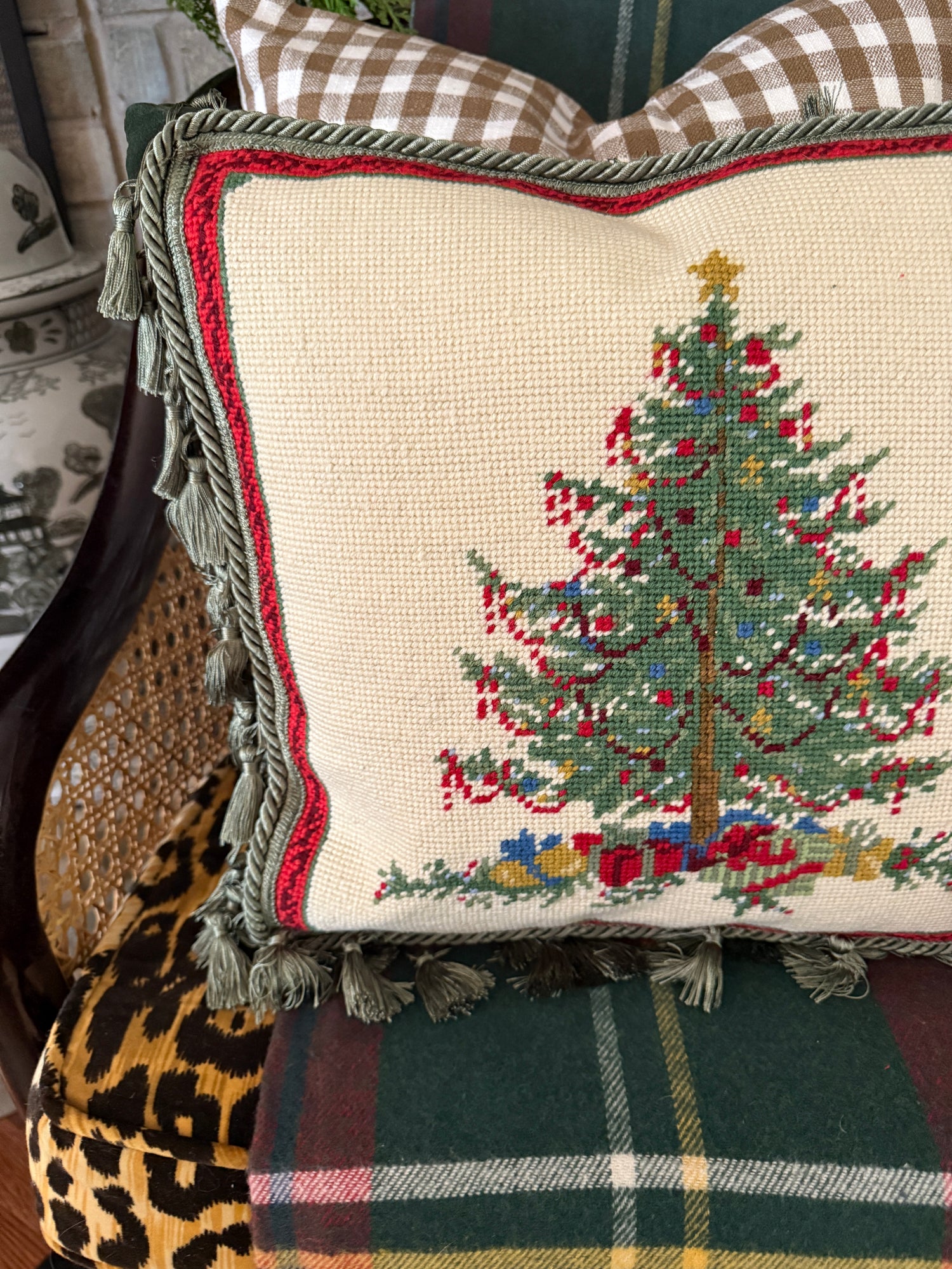 Needlepoint Christmas tree pillow with tassels