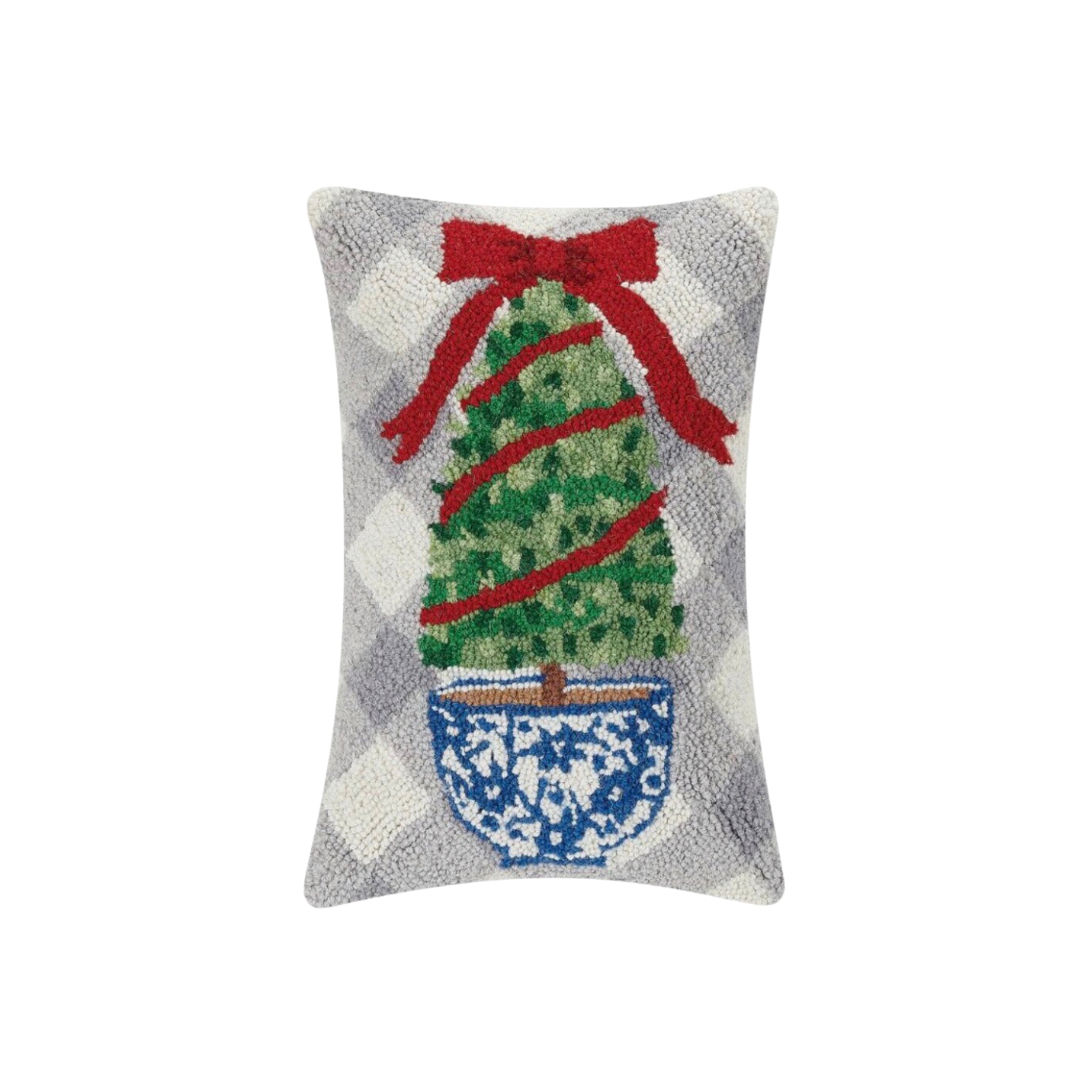 Holiday topiary hooked wool pillow