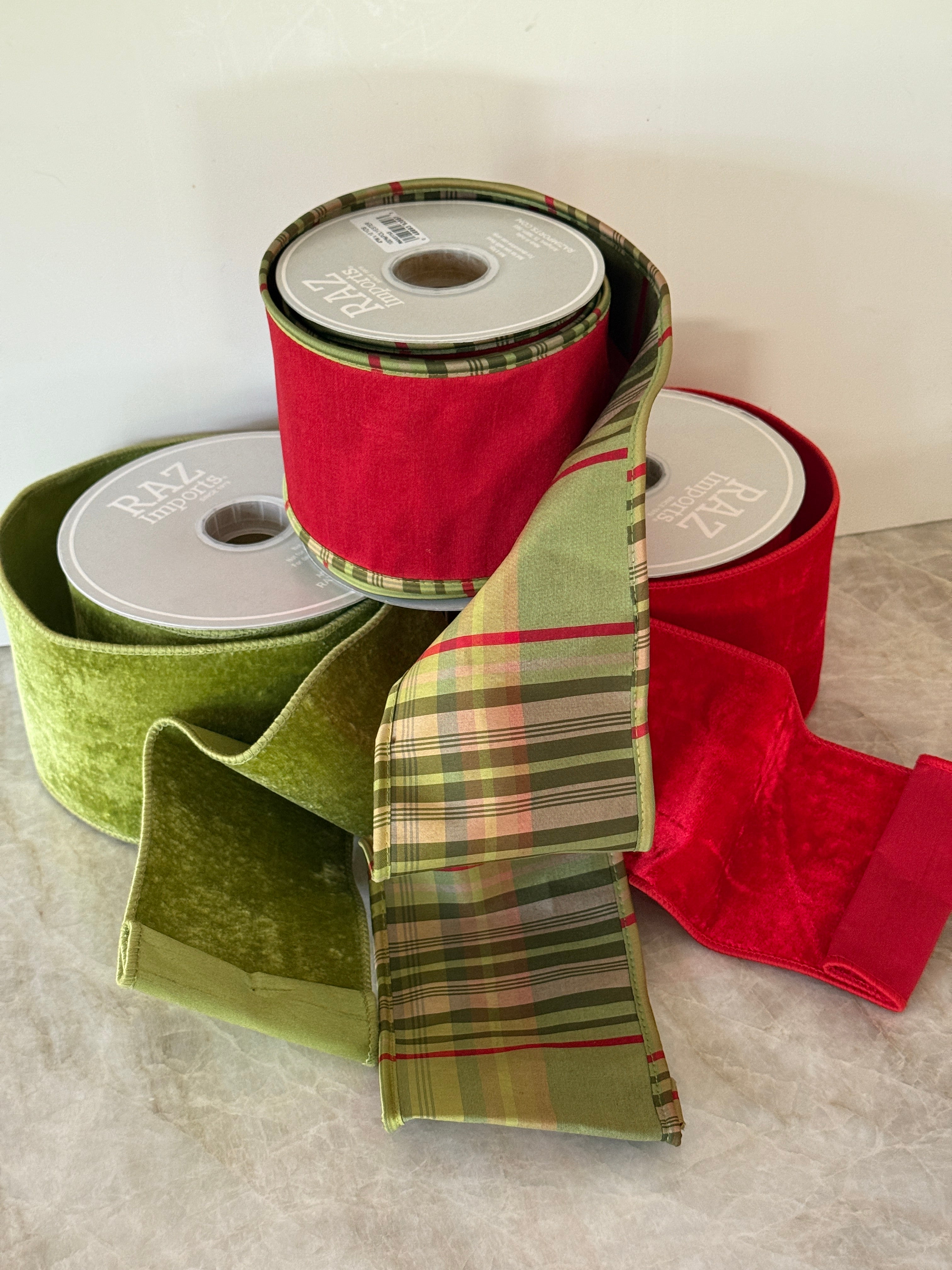 Apple green plaid and red dupioni double sided ribbon by the roll, 4”x10 yards