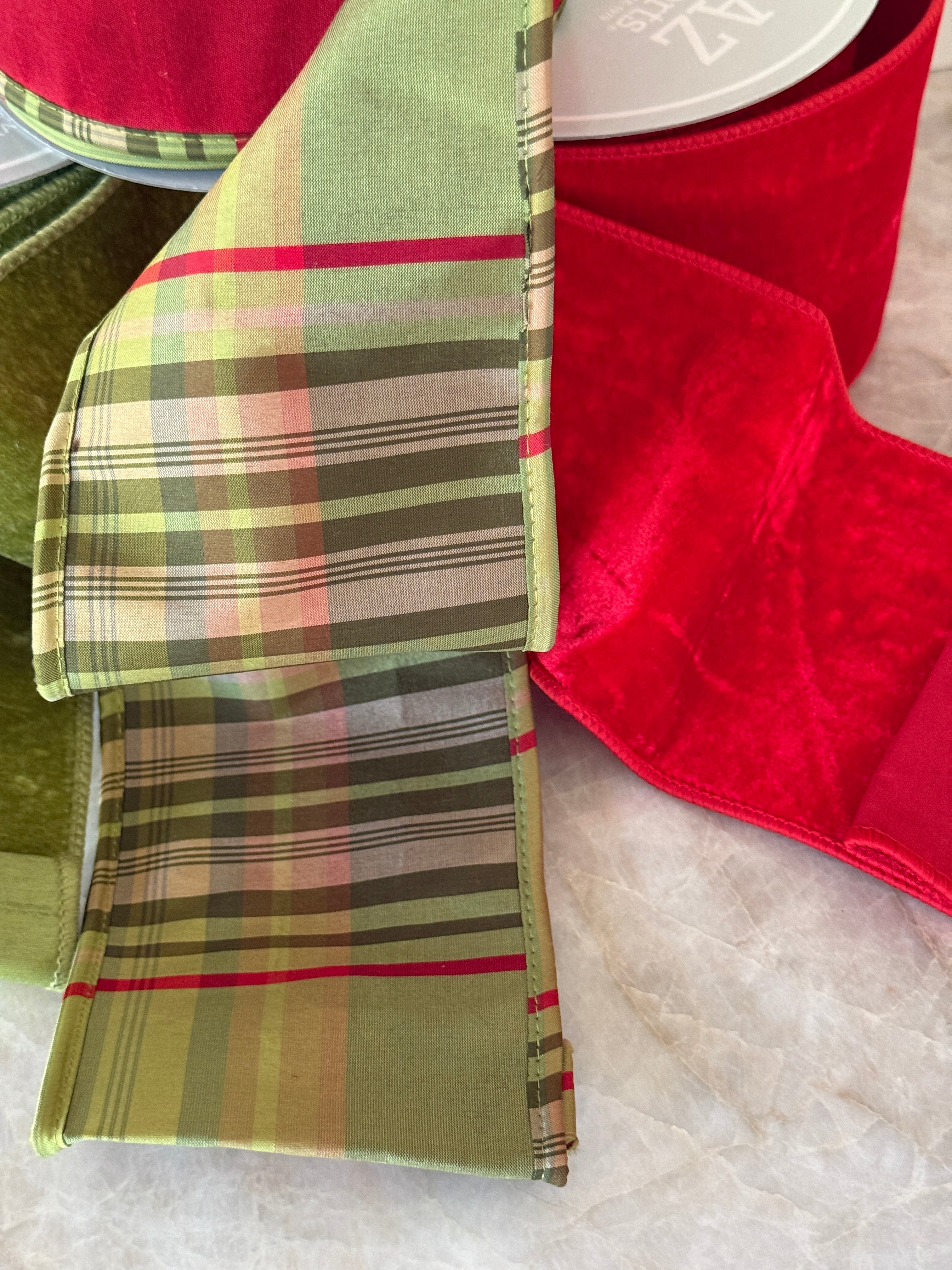 Apple green plaid and red dupioni double sided ribbon by the roll, 4”x10 yards