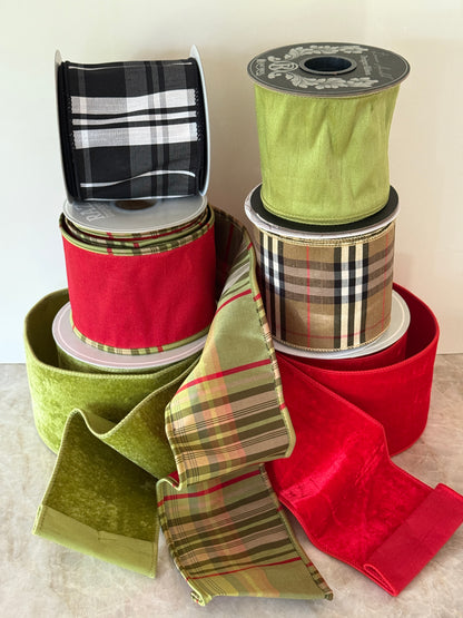 Apple green plaid and red dupioni double sided ribbon by the roll, 4”x10 yards