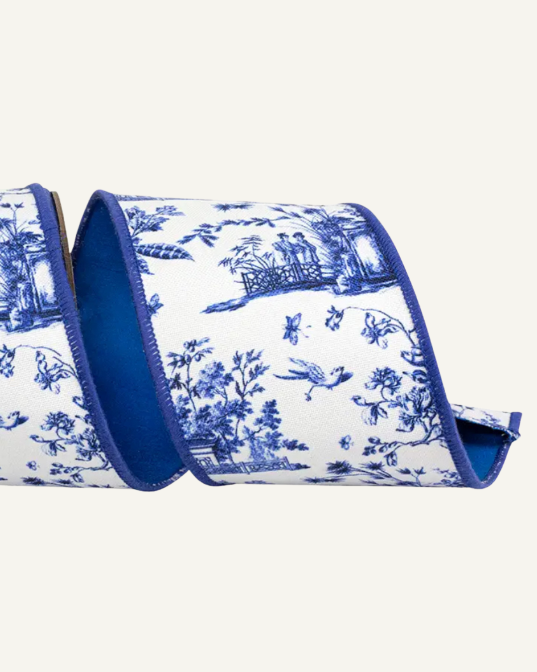 Blue and white chinoiserie ribbon by the roll, 4” wide by 5 yards