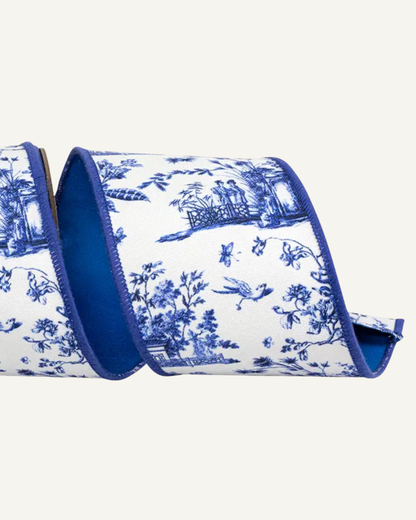 Blue and white chinoiserie ribbon by the roll, 4” wide by 5 yards