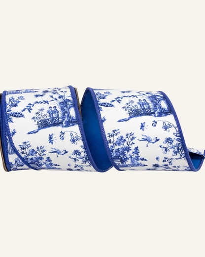 Blue and white chinoiserie ribbon by the roll, 4” wide by 5 yards