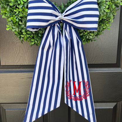 Navy and white stripe signature wreath sash monogram available