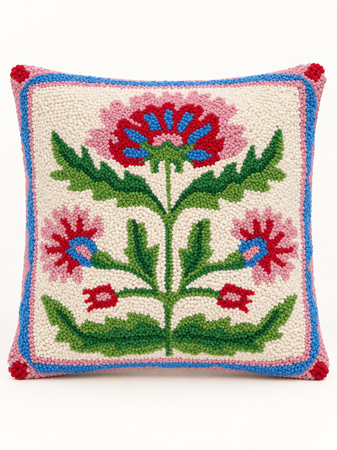 Mughal floral square hand hooked pillow pink and blue