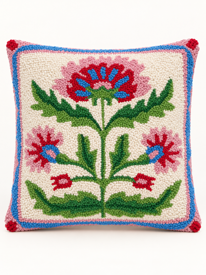 Mughal floral square hand hooked pillow pink and blue
