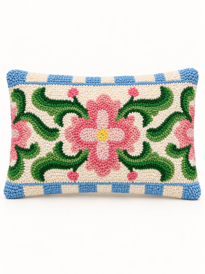 Spring floral tile lumbar pillow, hand hooked