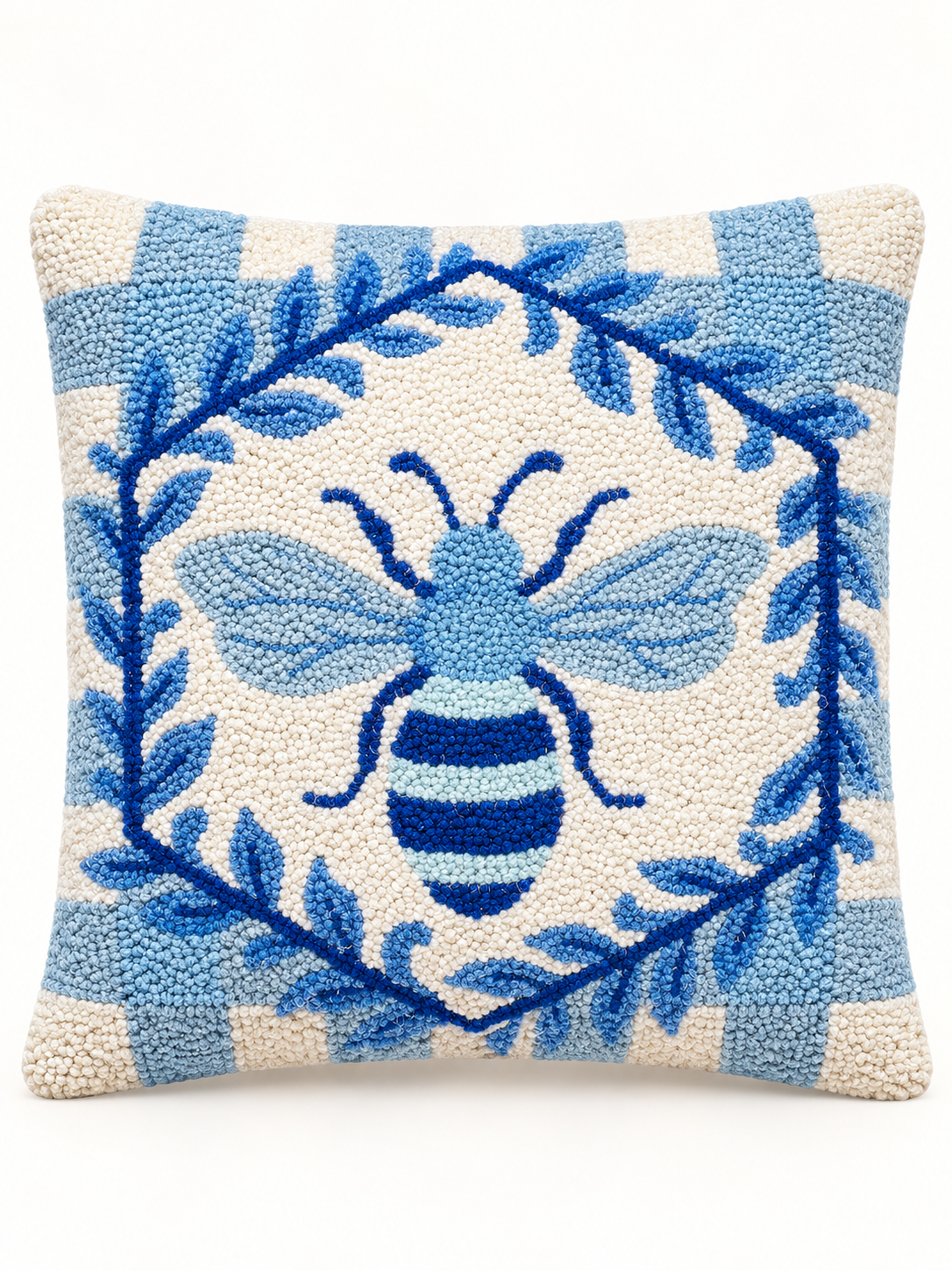 Blue and white bee and gingham hand hooked pillow