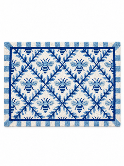 Blue and white bee trellis hand hooked accent rug