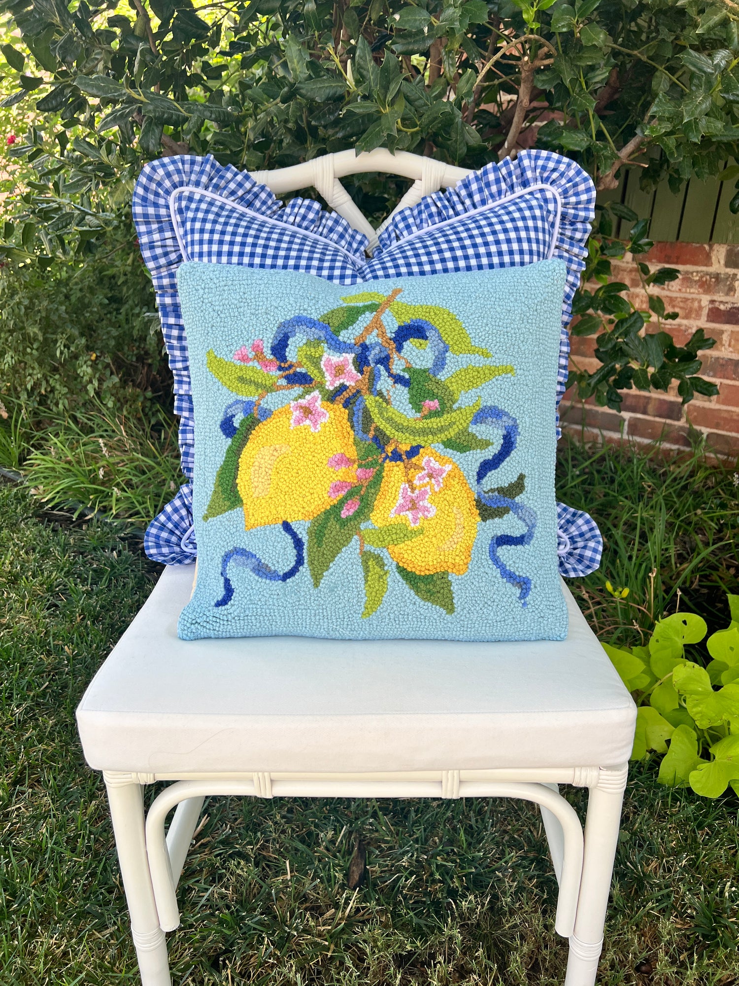 Lemons and ribbons hand hooked pillow