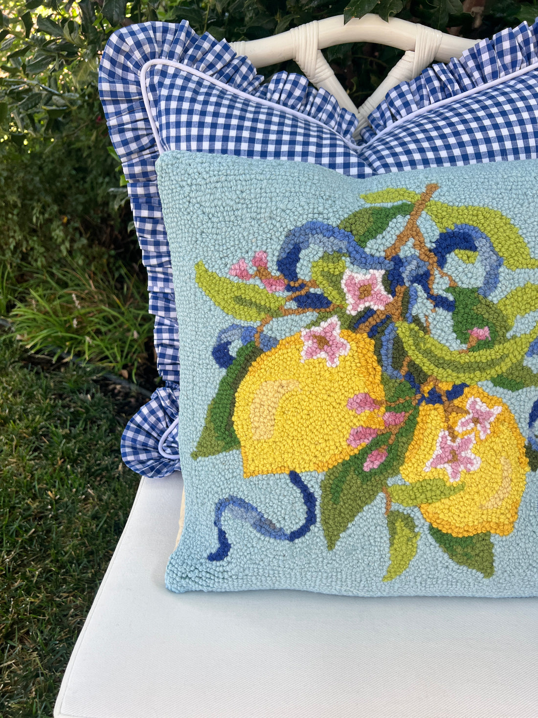 Lemons and ribbons hand hooked pillow