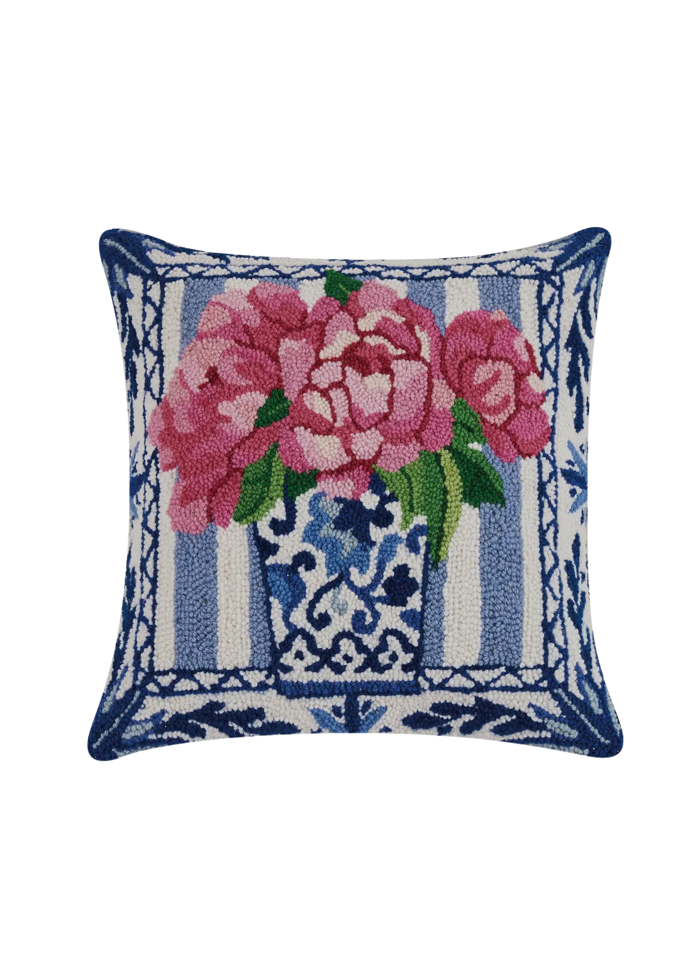 Chinoiserie and pink peonies on blue stripes pillow