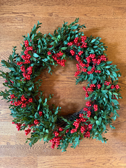 Boxwood and berries wreath 24”