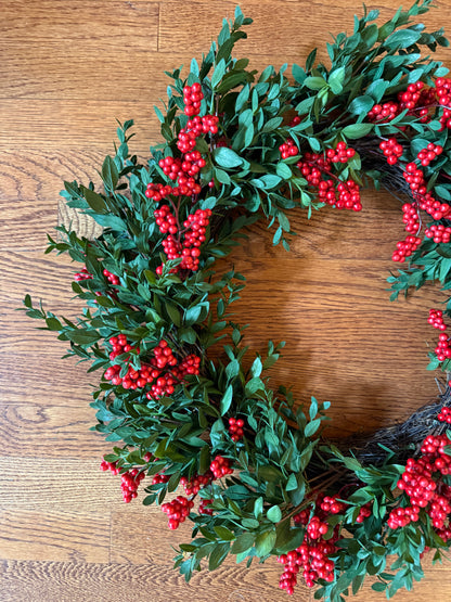 Boxwood and berries wreath 24”