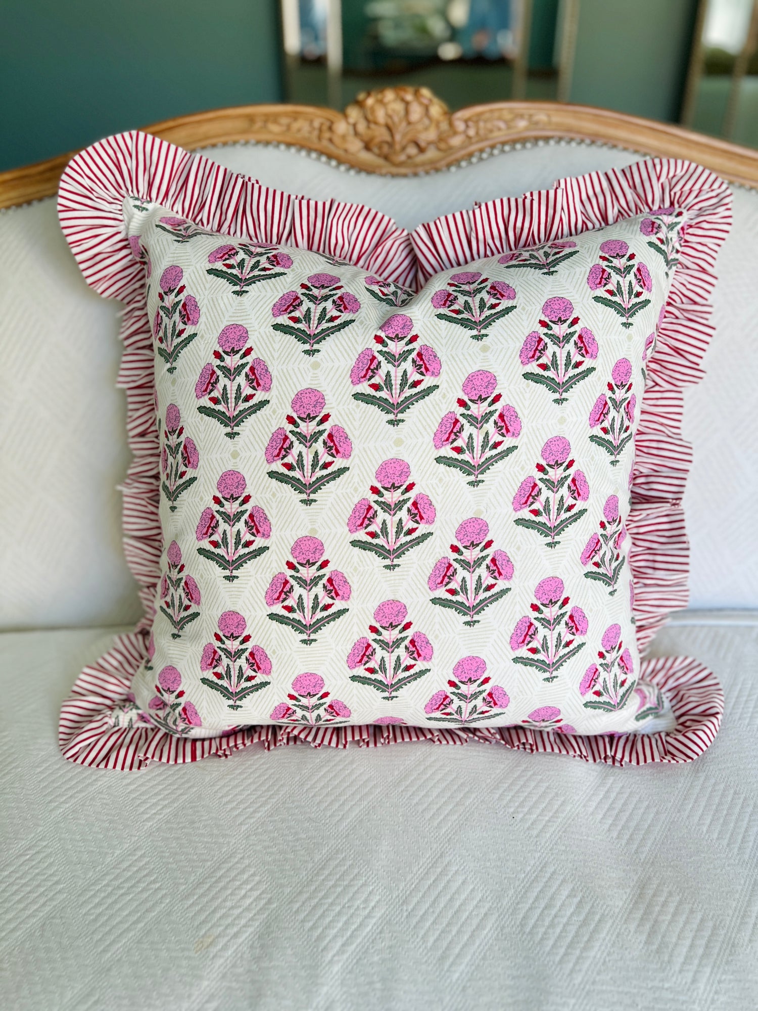 Pink and red floral block print ruffle pillow1