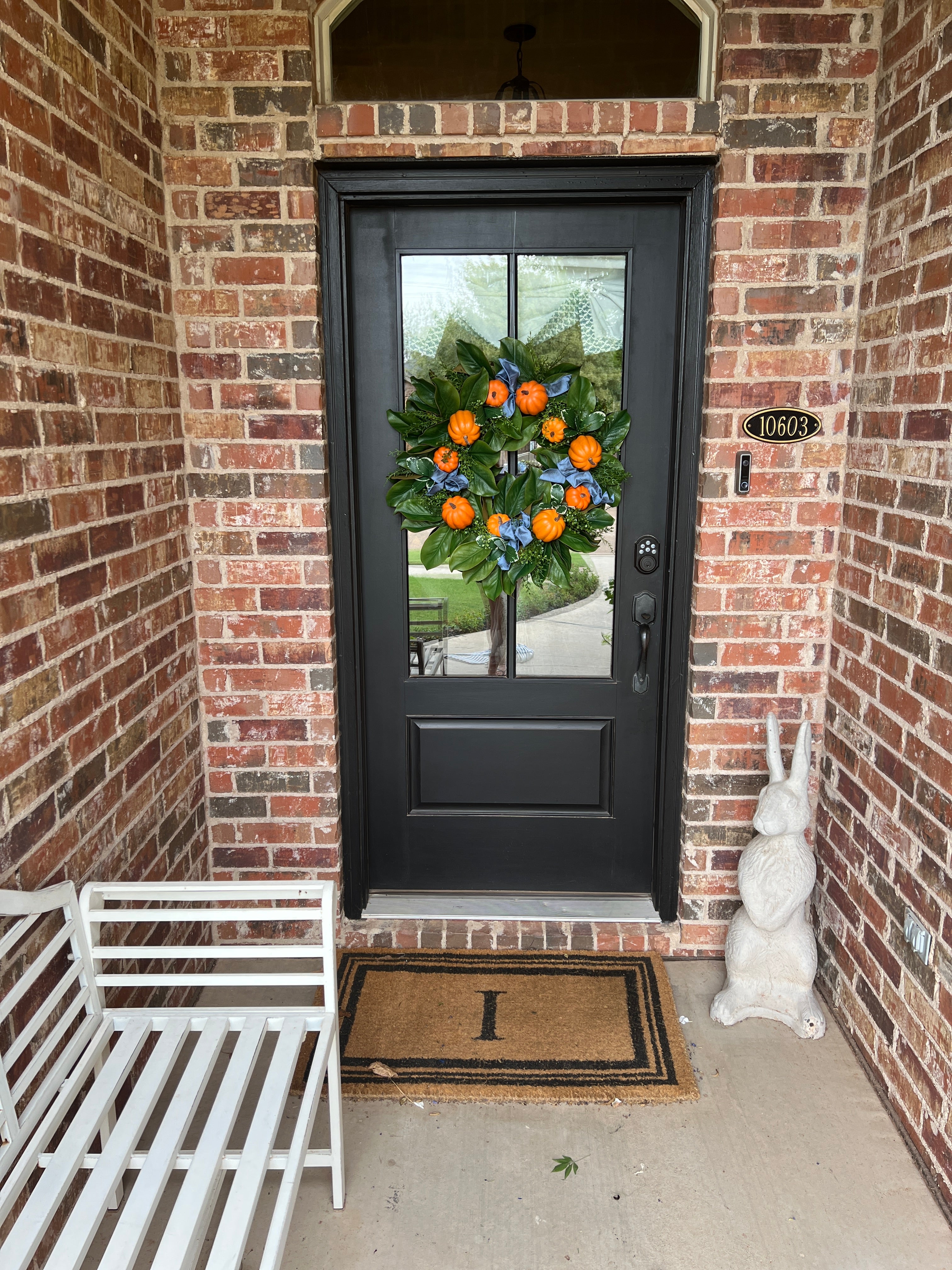 Fall orange pumpkin and magnolia wreath with optional French blue ribbons