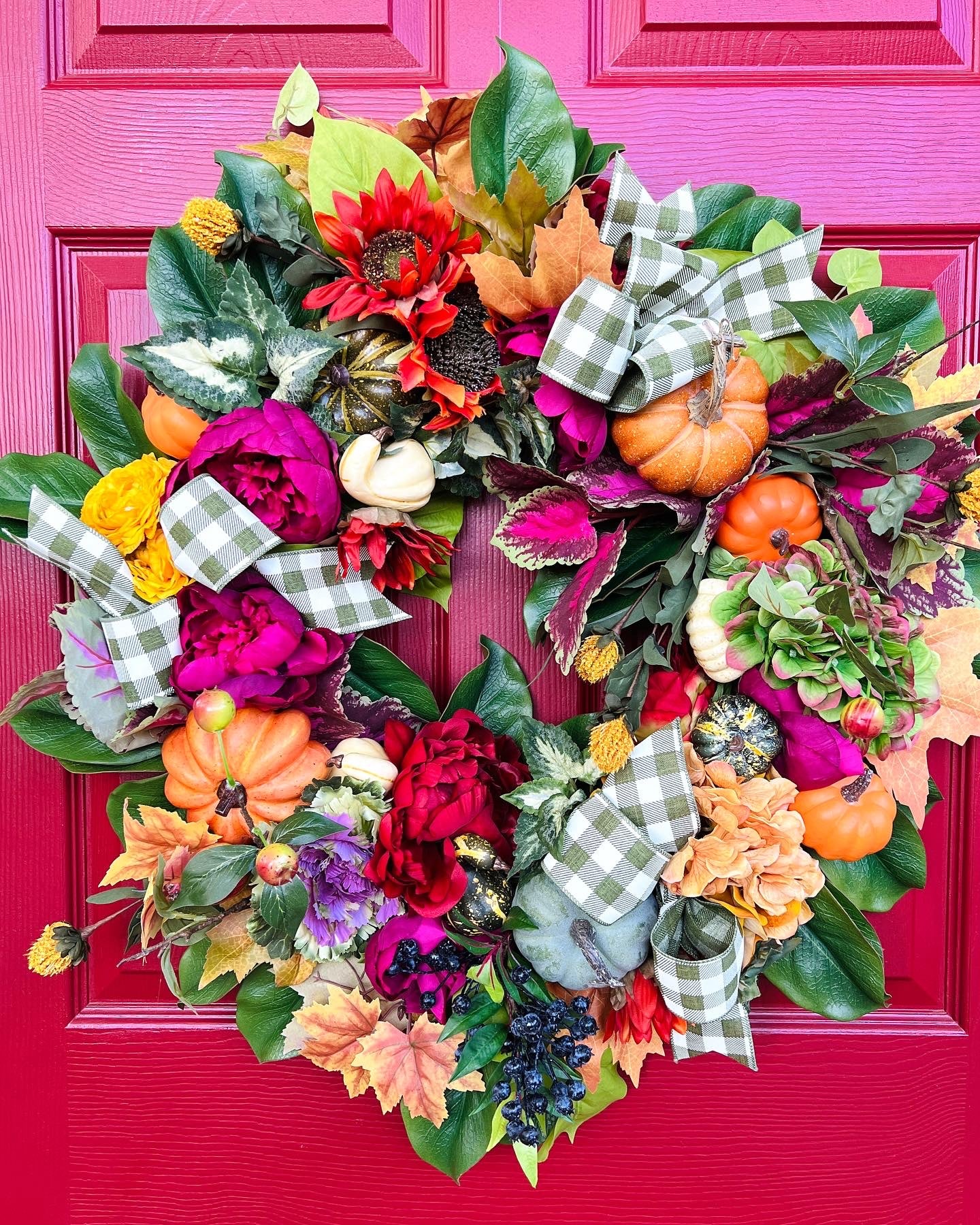 Fall floral and pumpkin wreath, bright colors with optional gingham ribbon, 3 sizes available