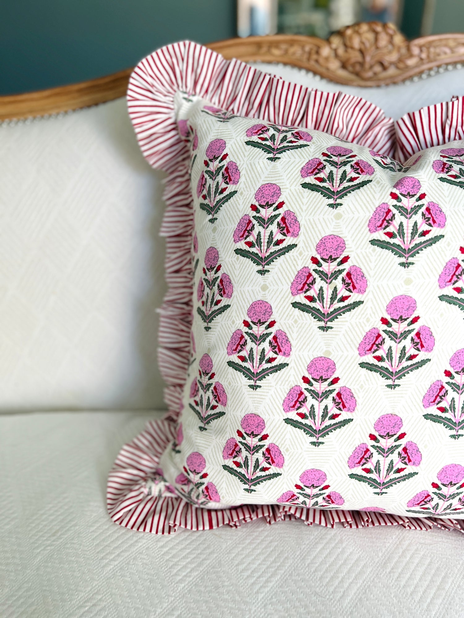 Pink and red floral block print ruffle pillow