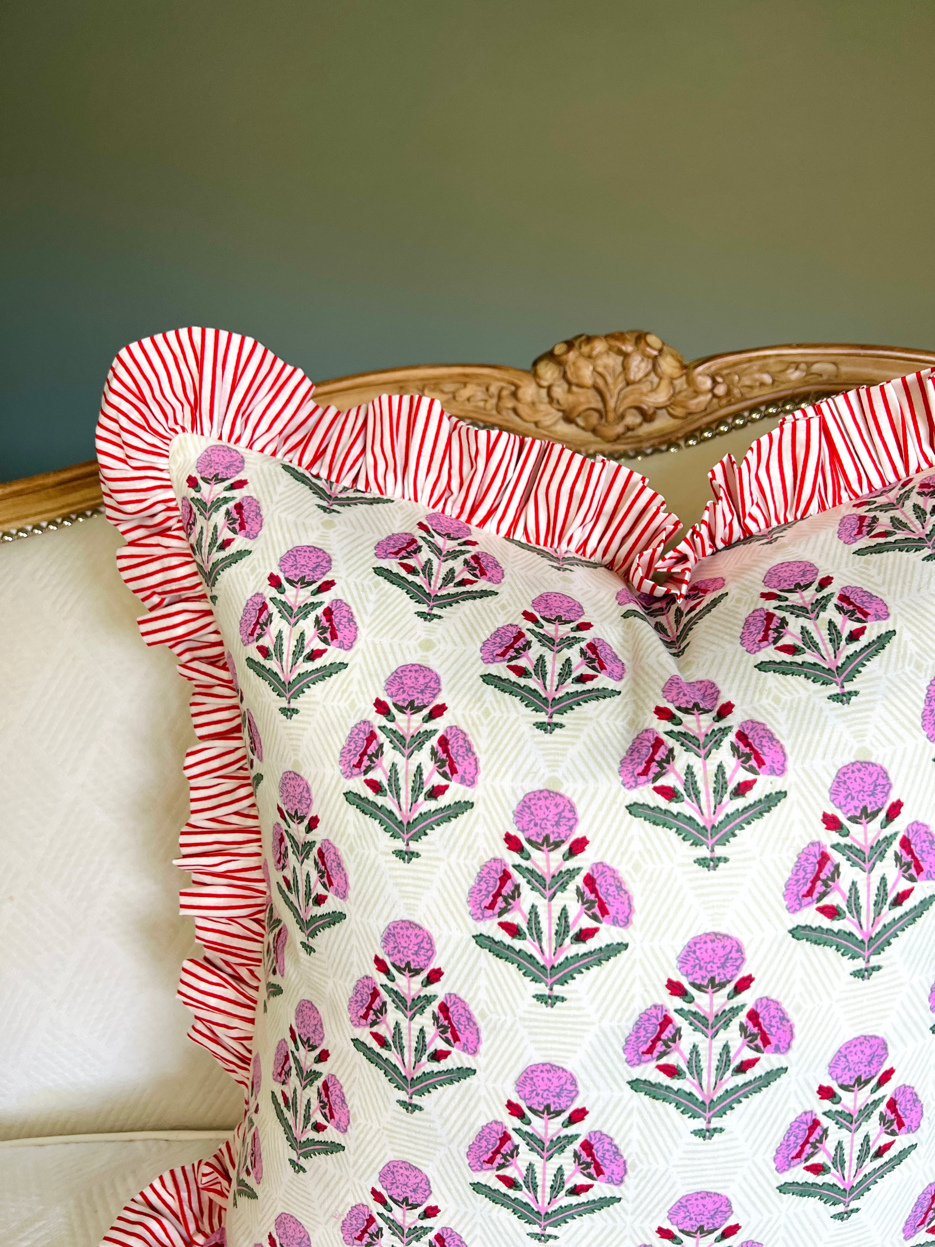 Pink and red floral block print ruffle pillow