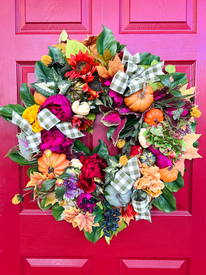 Fall floral and pumpkin wreath, bright colors with optional gingham ribbon, 3 sizes available