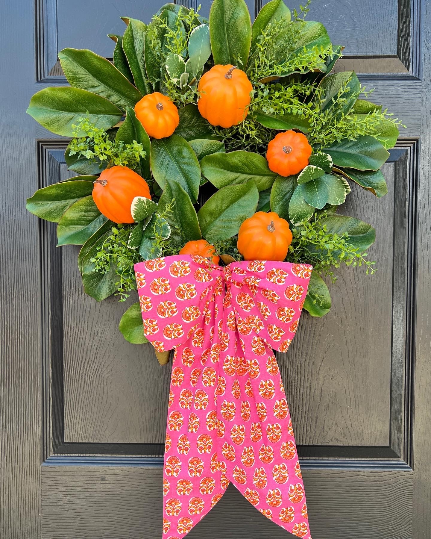 Fall orange pumpkin and magnolia wreath with optional French blue ribbons