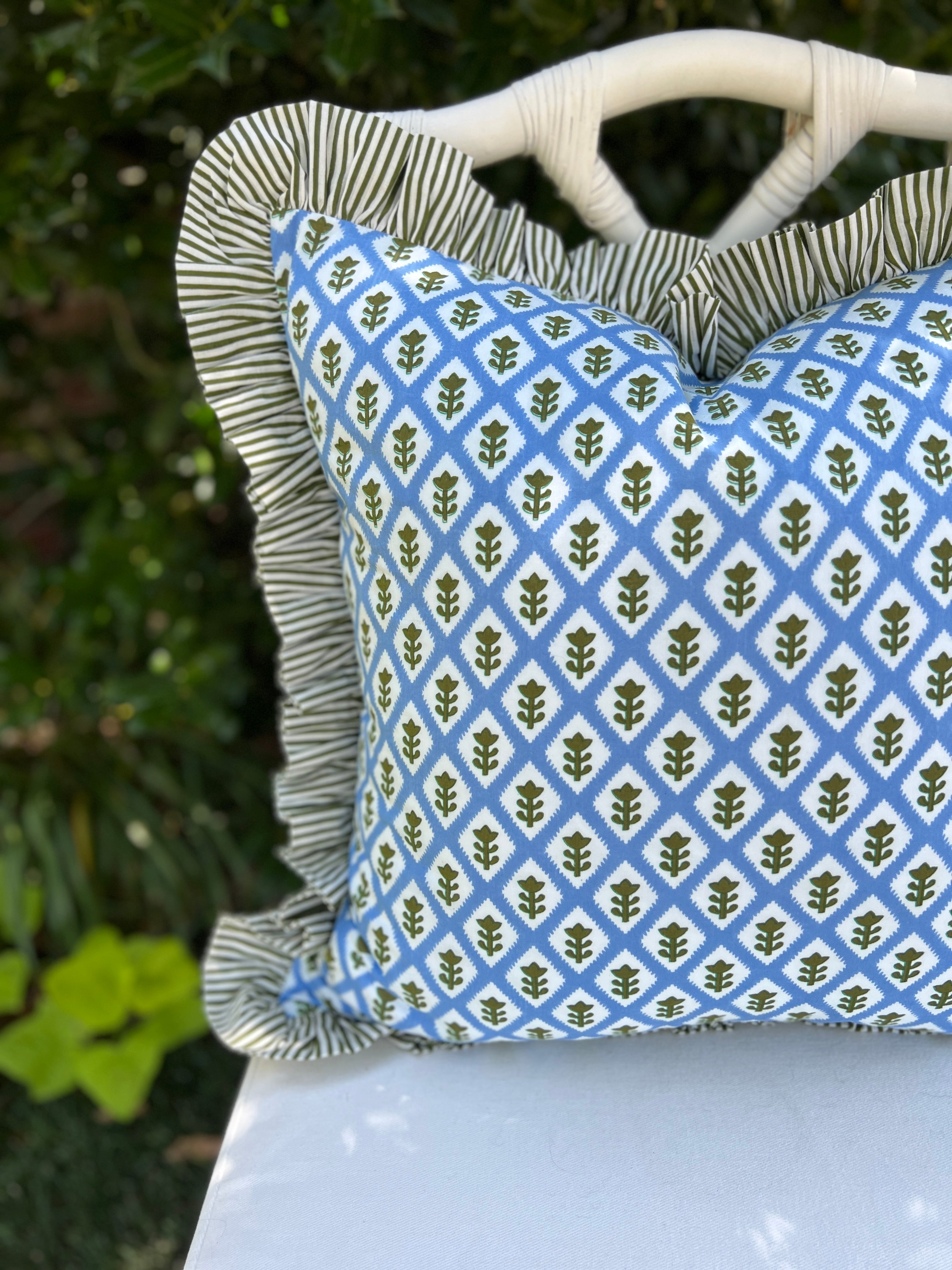 Blue block print pillow cover with ruffle trim custom monogram available insert not included