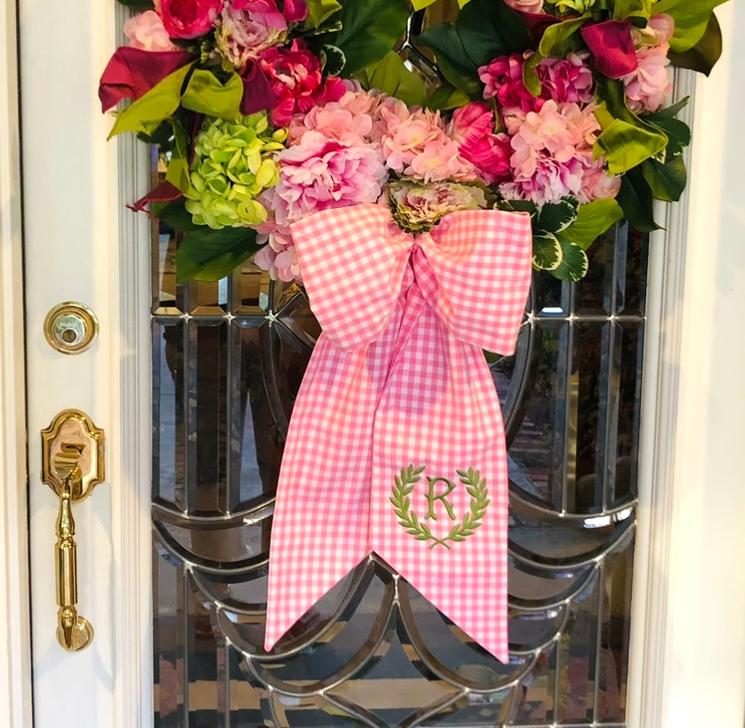 Spring pink and green hydrangea, peony, and cabbage wreath