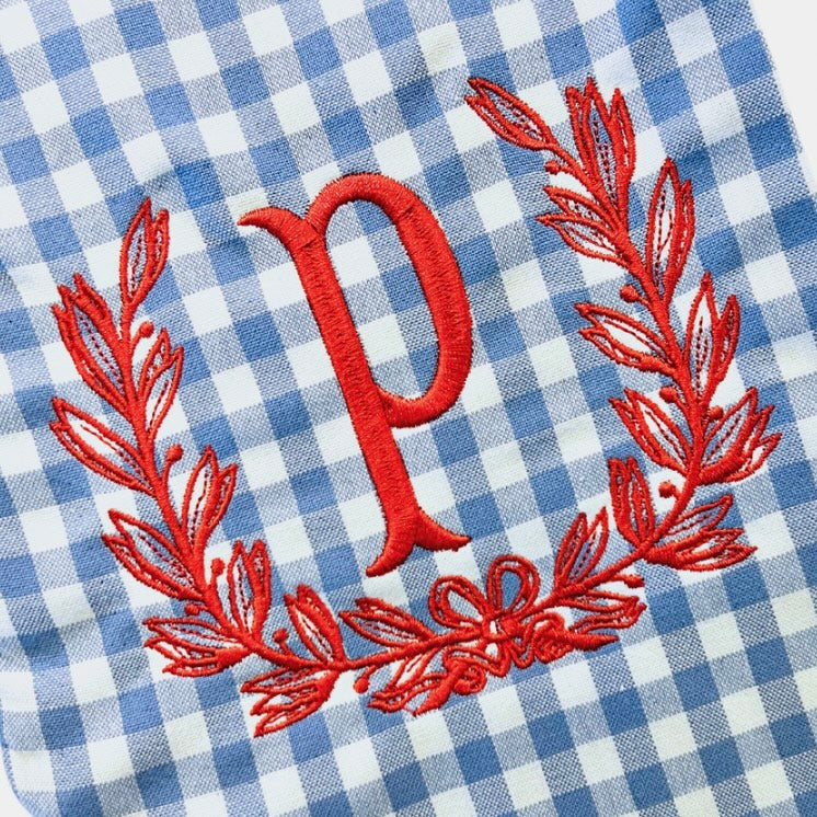 French blue gingham wreath sash monogram available