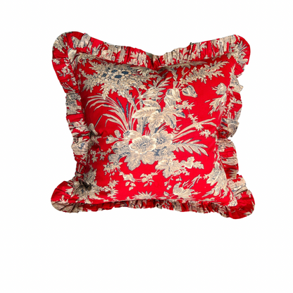 Red floral toile pillow cover with ruffle trim