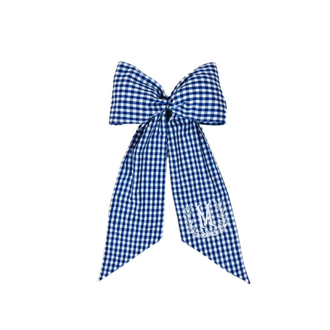 Blue and white gingham wreath bow sash custom monogram available