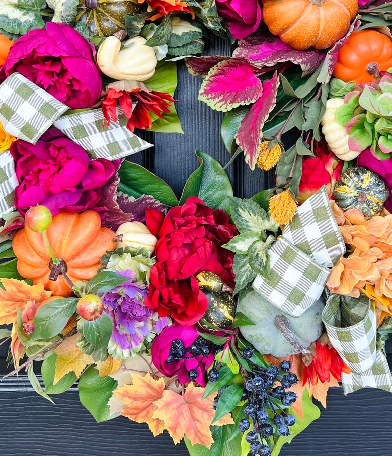 Fall floral and pumpkin wreath, bright colors with optional gingham ribbon, 3 sizes available