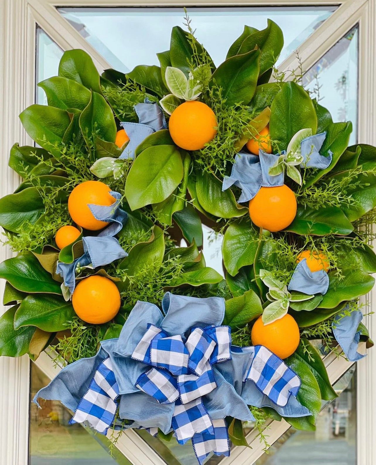 Handmade luxury wreath bow, French blue dupioni and blue gingham check