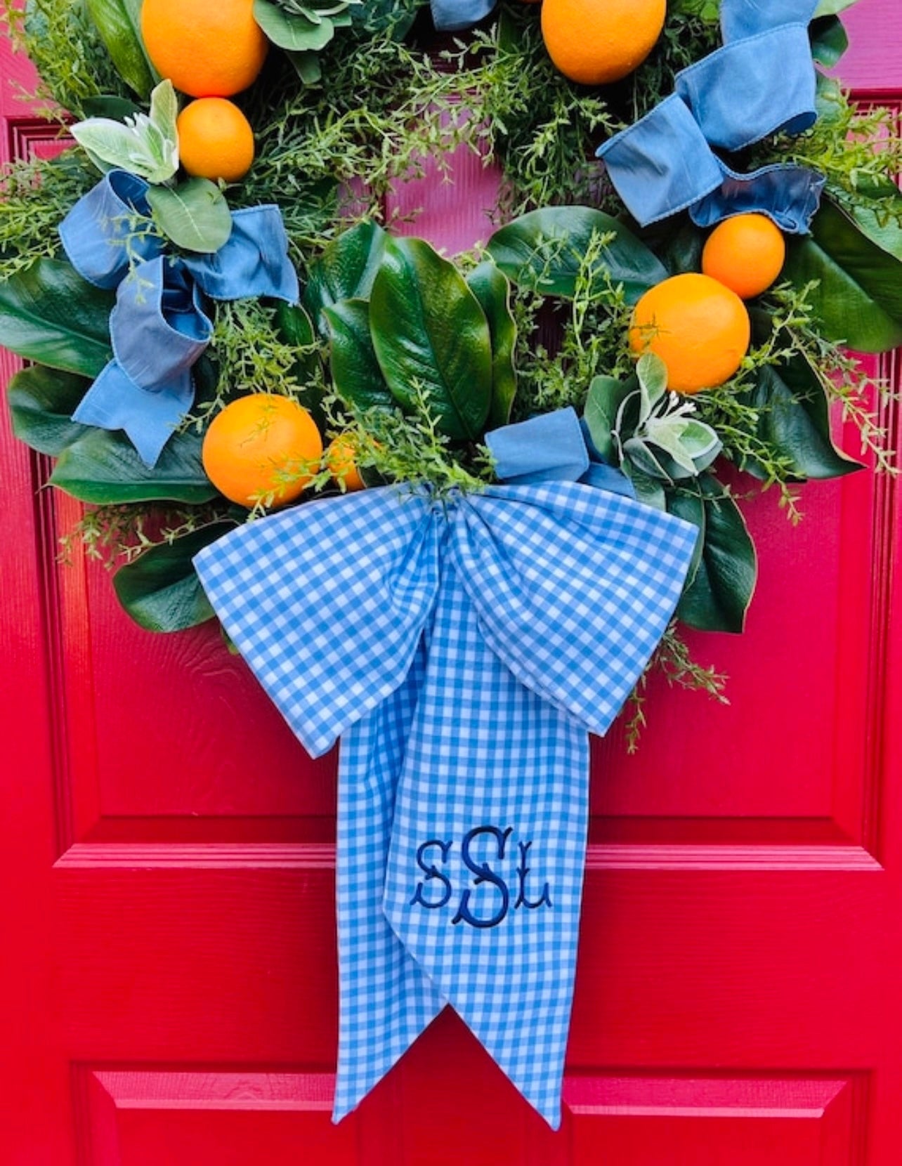 French blue gingham wreath sash monogram available