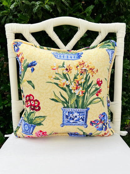 Yellow floral and chinoiserie Cachepot throw pillow