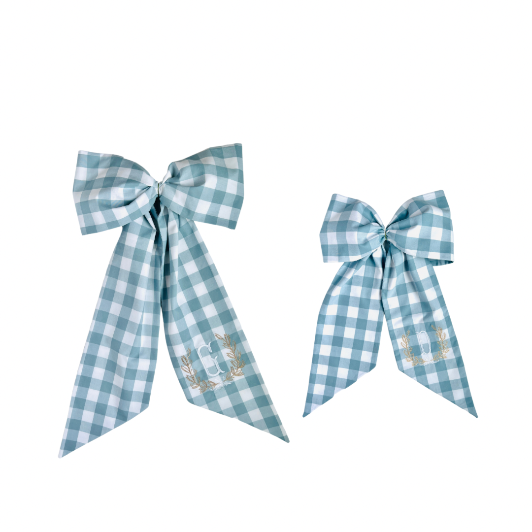 Custom Monogram Light Blue Buffalo Check Wreath Sash