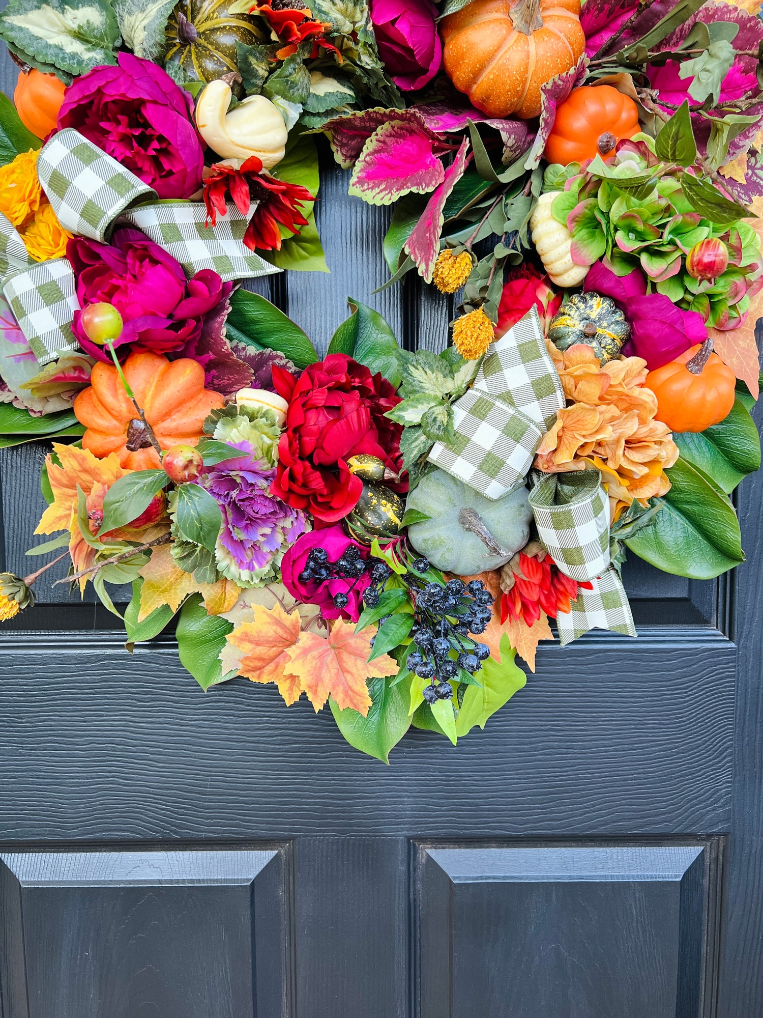 Fall floral and pumpkin wreath, bright colors with optional gingham ribbon, 3 sizes available