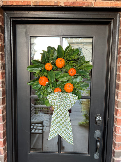 Fall orange pumpkin and magnolia wreath with optional French blue ribbons