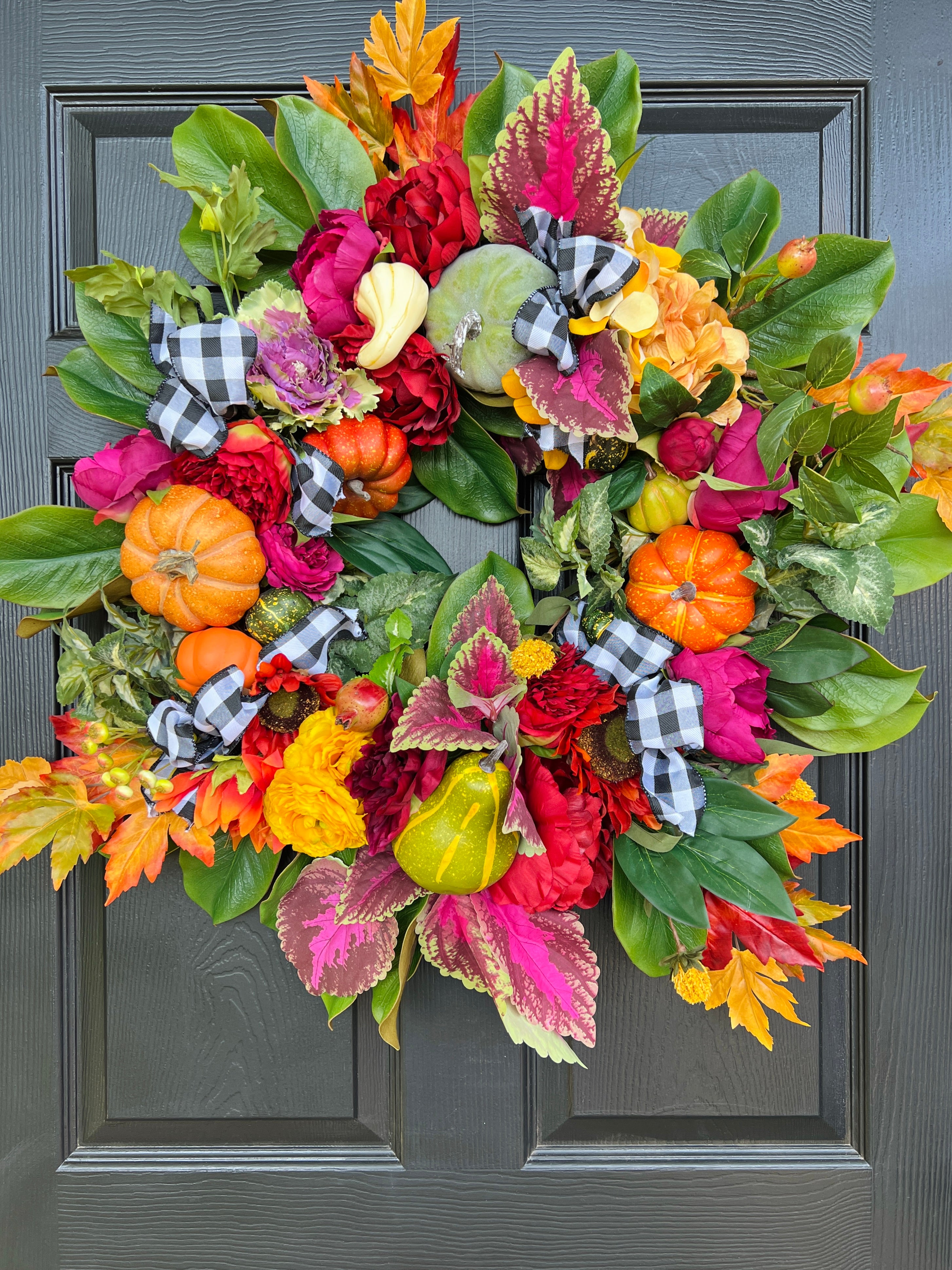 Fall floral and pumpkin wreath, bright colors with optional gingham ribbon, 3 sizes available